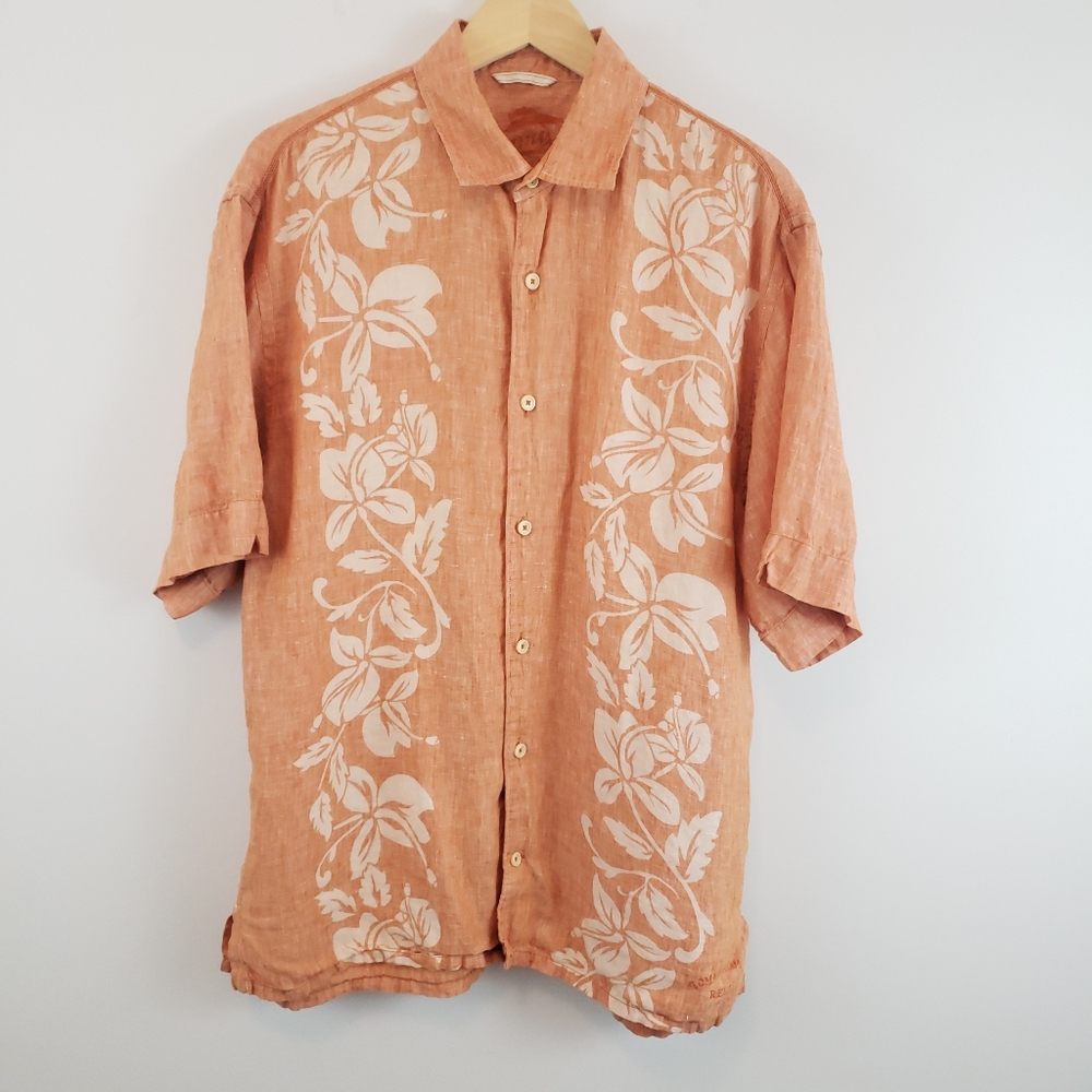 Tommy Bahama Relax Men's Orange 100% Linen Short Sleeve Floral Hawaiian Shirt